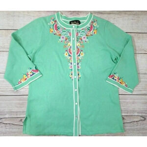 Bob Mackie Wearable Art Women's Button Up Cardigan Medium Fruit Salad Mint Green